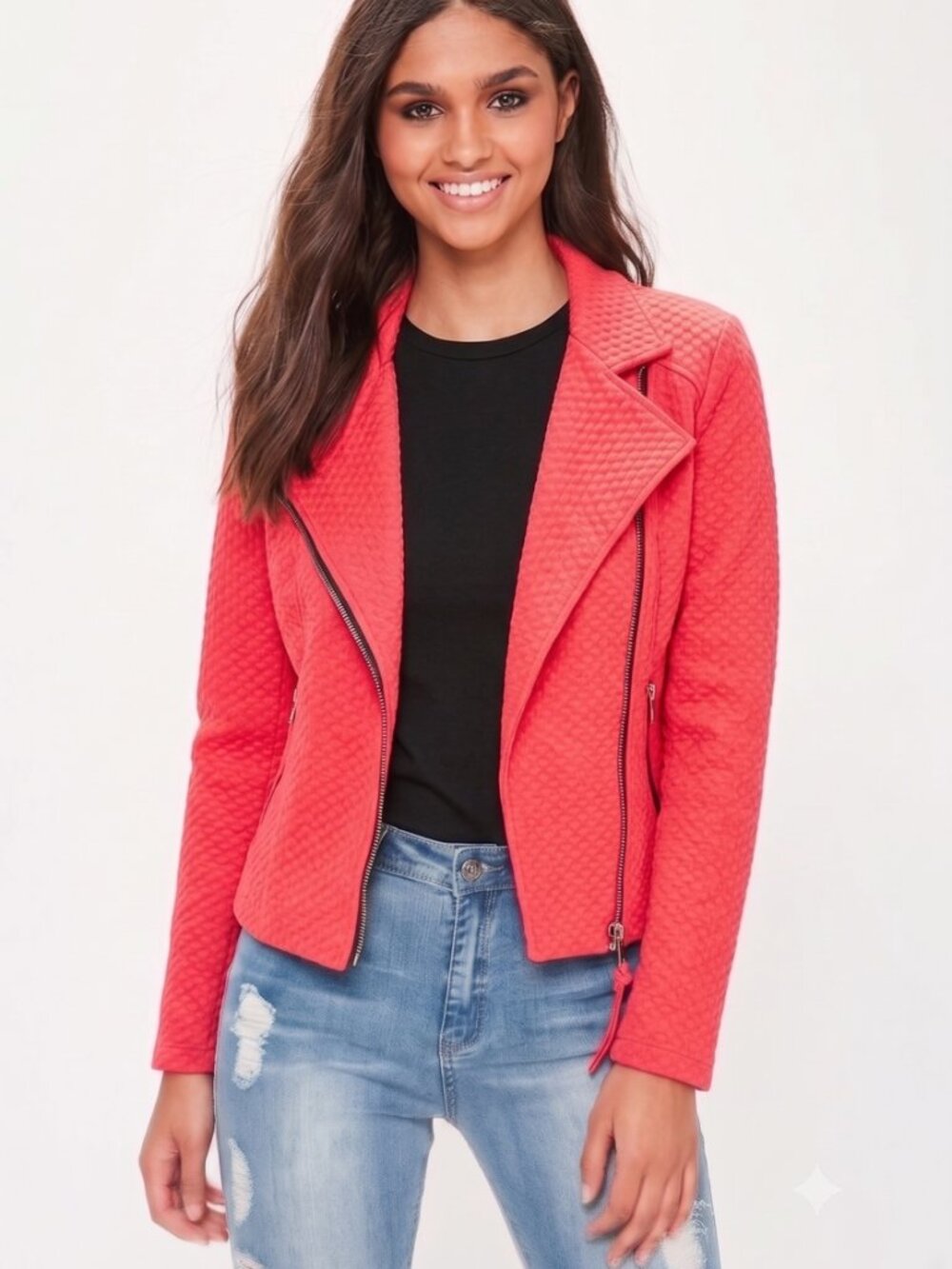 Long Tall Sally Coral Textured Moto Biker Jacket Size 6 Tall